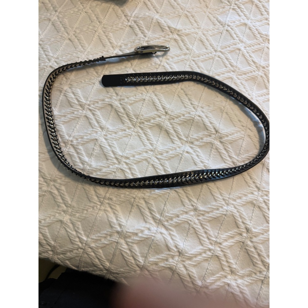 Nine West Womens Black Skinny Belt Silver Chain Link Detail Oval Buckle Size M
